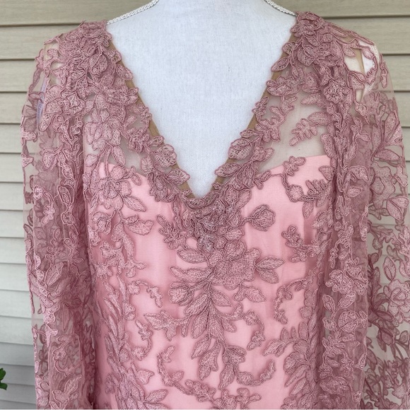 TADASHI SHOJI Embroidered Lace Cape Gown Dress in Rose Quartz Size 16 (NWT) - Picture 3 of 15